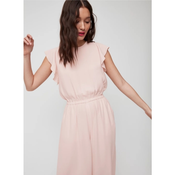 NWOT Aritzia Wilfred Ruffle Sleeve Pink Blush Fleurette Wide Leg Jumpsuit sz. L - Picture 7 of 14